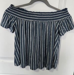 American Eagle Off-Shoulder Denim Blue and White Striped Women's Top Xs